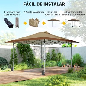 Tenda Dobrável Pop-up 4x4 m com Bloqueio Central UPF50+ Altura Ajustável Sacos de Areia e Bolsa com Rodas Bege e Castanho