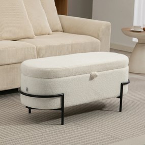Banco com arrumação 114,5 L x 40 P x 48 A cm, banco com baú de arrumação em tecido felpudo, com tampa levantável e pés em aço, creme