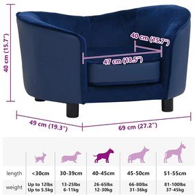 Sofá para cães 69x49x40 cm pelúcia e couro artificial azul