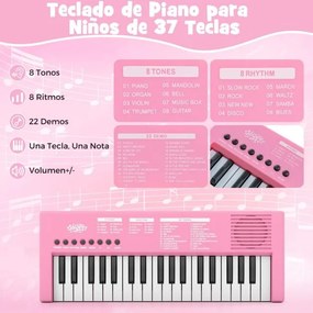 Teclado de piano para crianças elétrico portátil de 37 teclas com 8 ritmos, 8 tons e 22 demos Instrumento musical eletrónico rosa