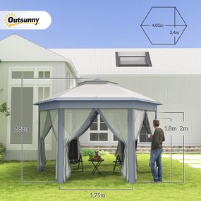 Tenda Dobrável 4x3,4 m Tenda de Jardim Hexagonal com Duplo Tecto 6 Mosquiteiras Destacáveis e Saco de Transporte Cinzento