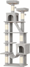 PawHut Arranhador para Gatos 204 cm Multinível com 2 Tocas, Rede, 2 Camas, Postes de Sisal e Escada, Cinzento-claro | Aosom Portugal