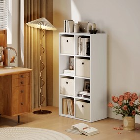 Estante Cubo Estante de Armazenamento Horizontal ou Vertical com 8 Compartimentos e 4 Gavetas de Tecido 53,7x30x79,8 cm Branco e Bege