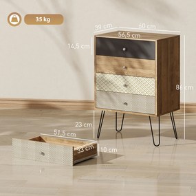 Cómoda 4 Gavetas Cómoda para Quarto com Pés em Forma de V de Aço Estilo Boémio 60x39x86 cm Multicor