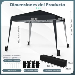 Tenda Dobrável para jardim e Festas, 300 x 300 x 247-267 cm, Altura Regulável com 4 sacos pesos, Preto