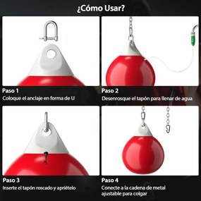 Saco de boxe com água de 45 cm e 50 kg com corrente metálica ajustável, mangueira de injeção de água, soco de boxe para adultos, vermelho e branco