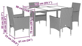 5 pcs conjunto jantar jardim c/ almofadões PE/vidro cinza claro