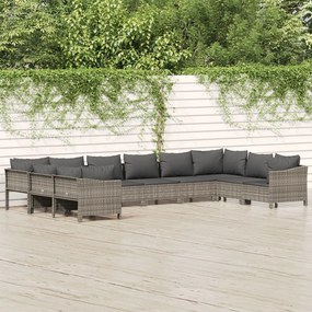 10 pcs conjunto lounge de jardim c/ almofadões vime PE cinzento