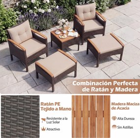Conjunto jardim de 5 peças de vime para jardim, com 2 poltronas, 2 pufes, mesa auxiliar, almofadas e tampo em madeira de acácia Castanho misturado e a