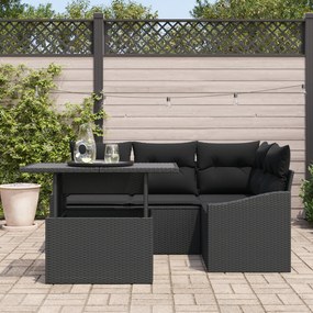 Conjunto de Sofá de Jardim de 5 Peças com Almofadas Preto em Rattan Si