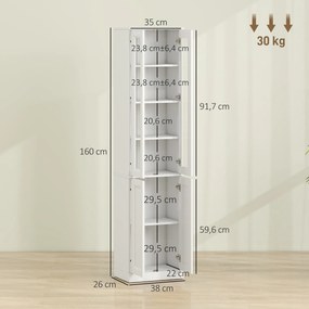 Móvel de casa de banho com 6 níveis 38 L x 26 P x 160 A cm, móvel de arrumação com 4 portas com fecho suave e prateleiras ajustáveis, branco