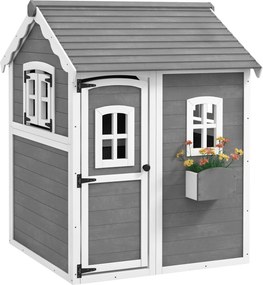 Outsunny Casinha Infantil para Crianças, Interior e Exterior, com Porta, Janelas e Canteiro, Madeira de Pinho, Cinza | Aosom Portugal