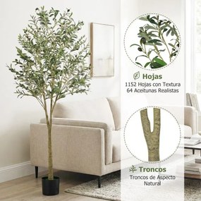 Conjunto de 2 oliveiras artificiais de 180 cm com vaso de plástico 1296 folhas 72 frutos Plantas verdes