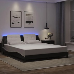 Estrutura cama c/ luzes LED 180x200cm couro artif. preto/branco