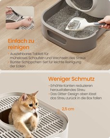 Caixa de areia XXL para gatos com tampa 54 x 42,8 x 40 cm (C x L x A), gaveta extraível e pá, castanho claro