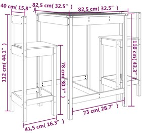 3 pcs conjunto de bar para jardim pinho maciço preto