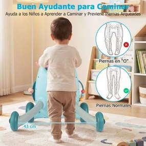 Andador Montessori bebés com Reprodutor Oval Removível Classificador de Formas Maracas Pássaro Deslizante e 2 Giradores Azul