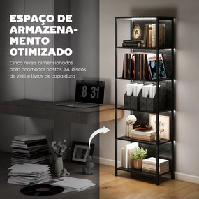 Estante de 5 Níveis com Luzes LED de 7 Cores Estante para Livros Estante de Estilo Industrial 60x30x179 cm Preto