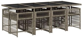 9 pcs conjunto de jantar p/ jardim c/ almofadões vime PE cinza