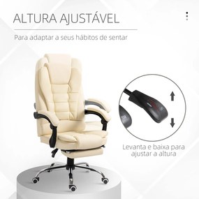 Cadeira de Escritório Reclinável Cadeira Executiva Giratória com Altura Ajustável Estofada em PU 64,5x69x109-117 cm Creme