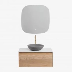 Conjunto De Móvel De Casa De Banho Suspenso 80x50 Cm Em Madeira De Freixo Tedrik Castanho Fresno & Cimento Cinzento Redondo Ø40 Cm Tarsis - Sklum