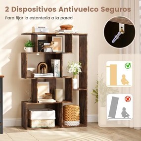 Estante em forma de S com 4 níveis, 6 compartimentos abertos e 2 dispositivos antiderrapantes para escritório ou estúdio, 80 x 30 x 119 cm, castanho