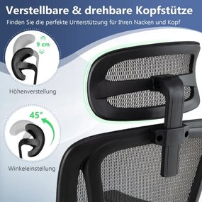 Cadeira ergonómica para computador com apoio para os pés retrátil, apoio lombar ajustável e apoios para os braços, cor preta