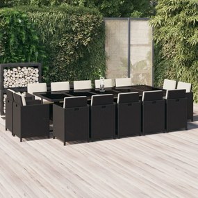 vidaXL 15 pcs conjunto jantar p/ jardim c/ almofadões vime PE preto