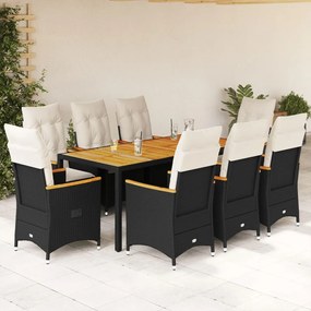 9 pcs conjunto de jantar p/ jardim c/ almofadões vime PE preto