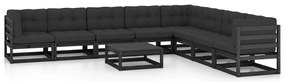 9pcs conjunto longue de jardim c/ almofadões pinho maciço preto