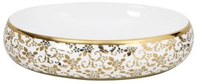 Lavatório de bancada oval 59x40x15 cm cerâmica branco e dourado