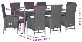 9 pcs conjunto de jantar p/ jardim com almofadões vime PE bege