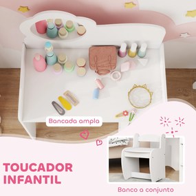 Toucador para Crianças com Banco e Espelho em Forma de Flor com Compartimentos Abertos 70x39x92,5 cm Branco
