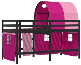 Cama alta para criança com túnel 90x190 cm pinho maciço rosa