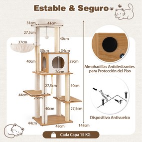 Arranhador para Gatos, 48 x 44 x 148 cm, 7 Níveis, Natural + Branco