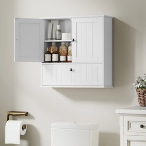 Armário Casa de Banho de Parede Rústico com Prateleira Ajustável Dupla Porta Porta Basculante e Fecho Magnético 60x19,5x60 cm Branco
