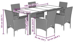 7 pcs conjunto jantar jardim c/almofadões vime PE/vidro preto