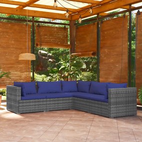 5 pcs conjunto lounge de jardim c/ almofadões vime PE cinzento