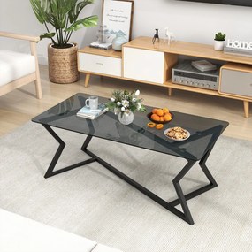 Mesa de centro retangular 110 x 55 x 44,5 cm com vidro temperado e Estrutura metálica geométrica, estilo moderno, cinzento escuro