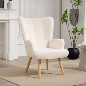 Poltrona de sala em tecido bouclé, poltrona estofada e acolchoada com pés de madeira, 71 x 74 x 96 cm, bege