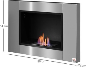 Lareira de bioetanol de parede para encastrar, queimador de 0,9 L, cerca de 3 horas de autonomia, 80 x 14 x 54 cm, cobertura de 25-30 m², aço inoxidáv