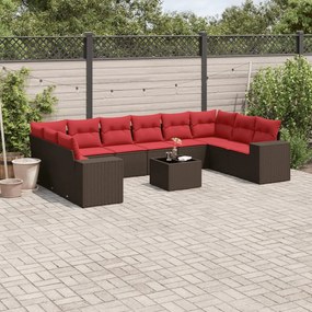 vidaXL 11 pcs conjunto sofás de jardim c/ almofadões vime PE castanho