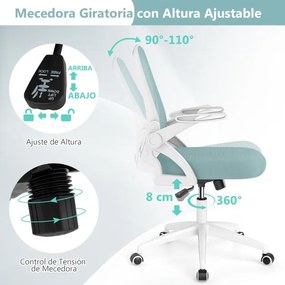 Cadeira de escritório ergonómica com apoio lombar integrado, apoios de braços rebatíveis, rodas universais, altura ajustável, Azul