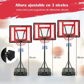 Cesto de basquetebol para crianças Adolescentes Adultos 115-135 cm Altura ajustável  Suporte de basquetebol portátil com rodas Vermelho