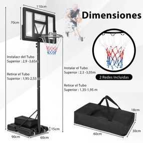 Cesto de basquetebol portátil com 11 níveis de altura ajustável com 110 cm de tabela Base almofadada Saco de peso para crianças
