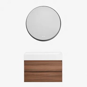 Conjunto De Móvel De Casa De Banho Em Madeira E Chapa De Freixo Com Lavatório Integrado Ona Madeira Escura & Redondo Led - Sklum