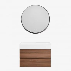 Conjunto De Móvel De Casa De Banho Suspenso Em Madeira E Folha De Freixo Com Lavatório Integrado Ona Madeira Escura & Redondo Led - Sklum