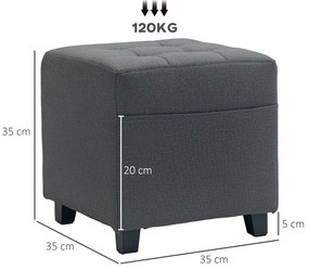 Apoio para os Pés Sala de Estar Banco Estofado em Linho com Bolso Lateral Tampa com Botões  35x35x35 cm Cinzento