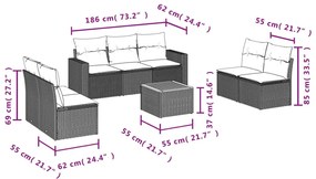 8 pcs conjunto sofás p/ jardim c/ almofadões vime PE cinzento