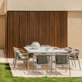 Conjunto De Mesa Quadrada De 150x150 Cm Em Cimento Lisboa E 8 Cadeiras De Jardim Yervin Em Alumínio E Tecido Bouclé. Tecido Bouclé Castanho Moka -
